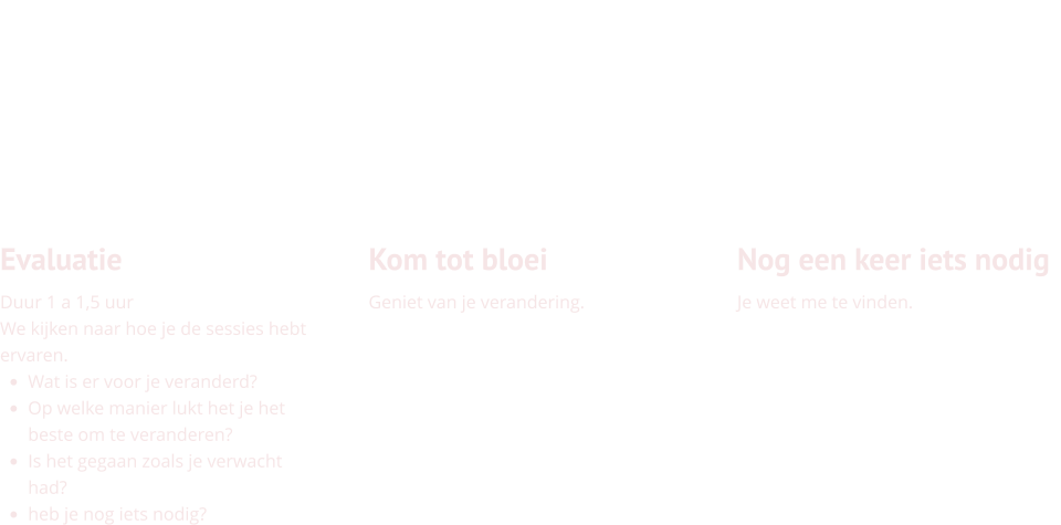 Evaluatie Duur 1 a 1,5 uur We kijken naar hoe je de sessies hebt ervaren.  •	Wat is er voor je veranderd? •	Op welke manier lukt het je het beste om te veranderen? •	Is het gegaan zoals je verwacht had? •	heb je nog iets nodig?    Kom tot bloei Geniet van je verandering.     Nog een keer iets nodig Je weet me te vinden.